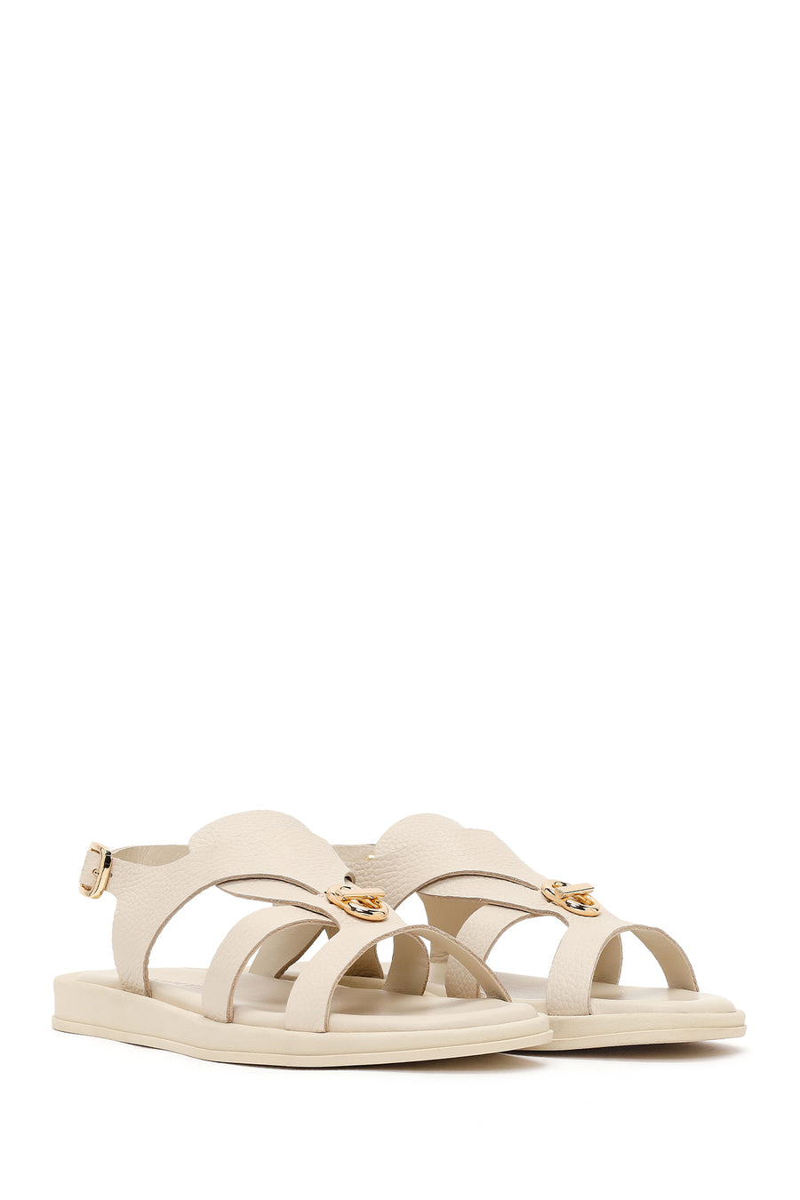 Women's Beige Leather Sandals with Buckle Back