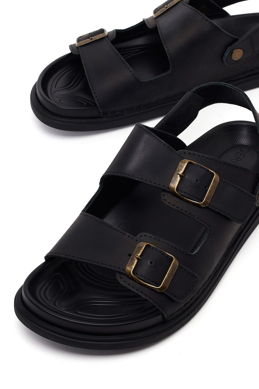 Male Black Double-Buckle Nubuck Leather Sandal