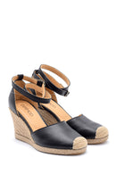 Women's Leather Straw Detailed Wedge Heeled Sandals | Derimod