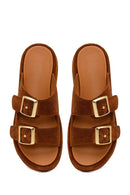 Woman Tan Double-Buckle Thick-Soled Suede Slipper | Derimod
