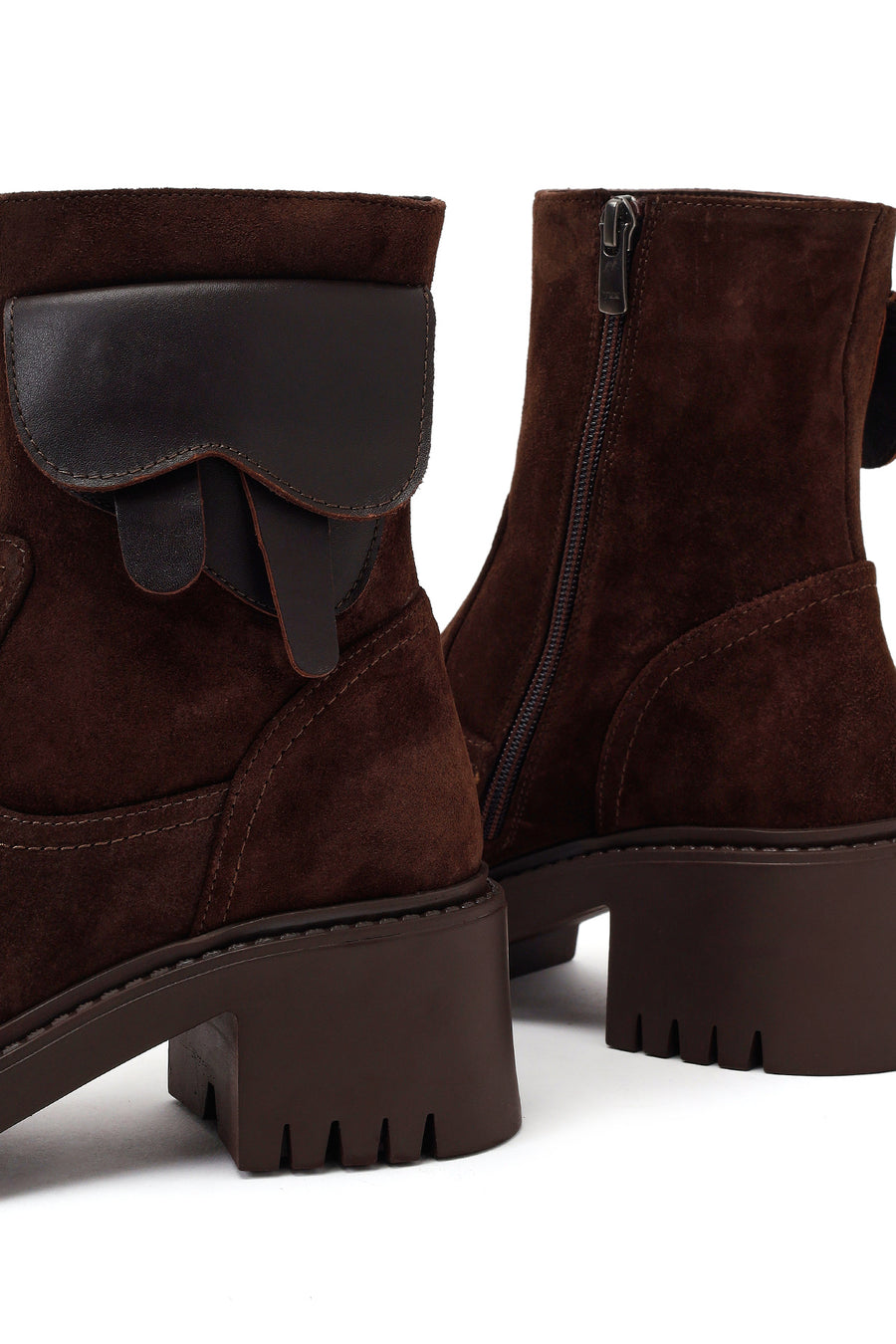 Woman Brown Zip Closure Chunky-Heeled Suede Leather Boots