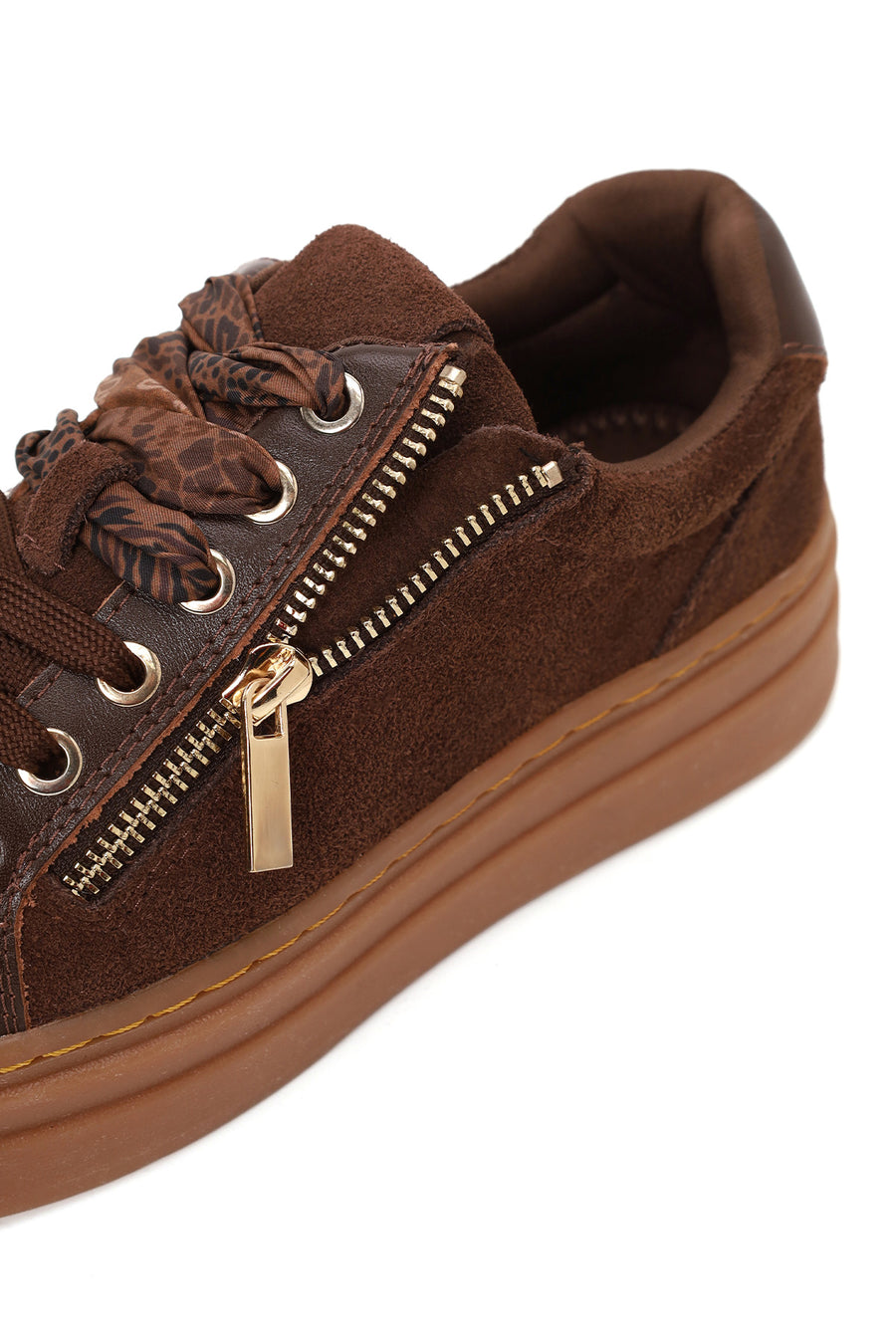 Woman Brown Lace-Up Thick-Soled Suede Leather Sneaker