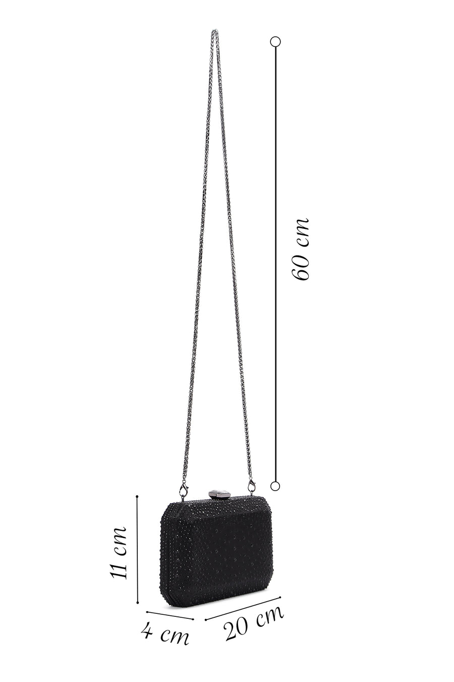Women's Black Long Chain Strap Stone Evening Mini Clutch Bag