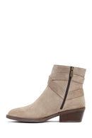Woman Beige Zippered Suede Leather Cowboy Boots | Derimod