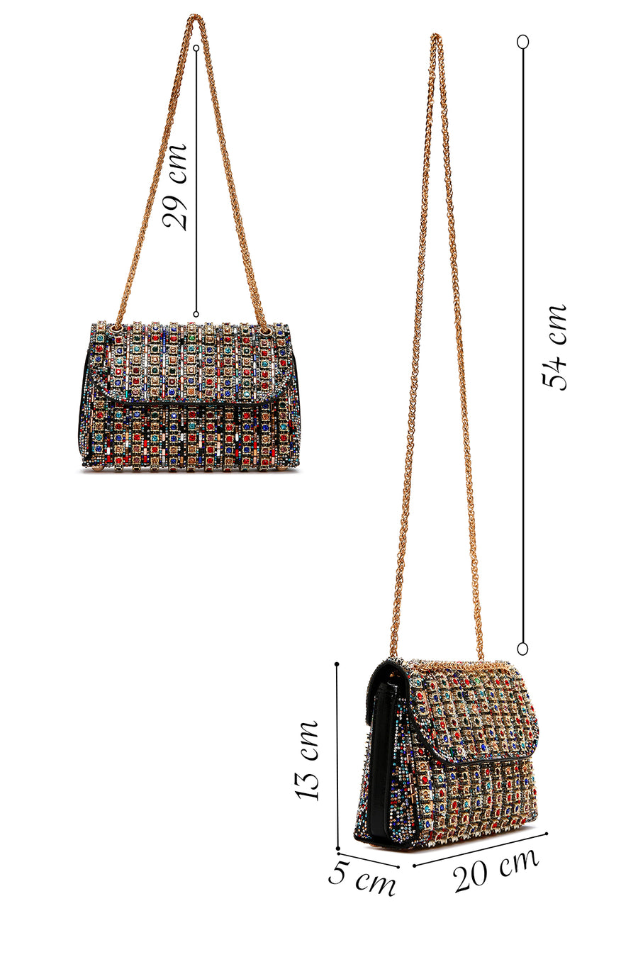 Women's Multicolored Long Chain Strap Stone-Embellished Evening Shoulder Bag