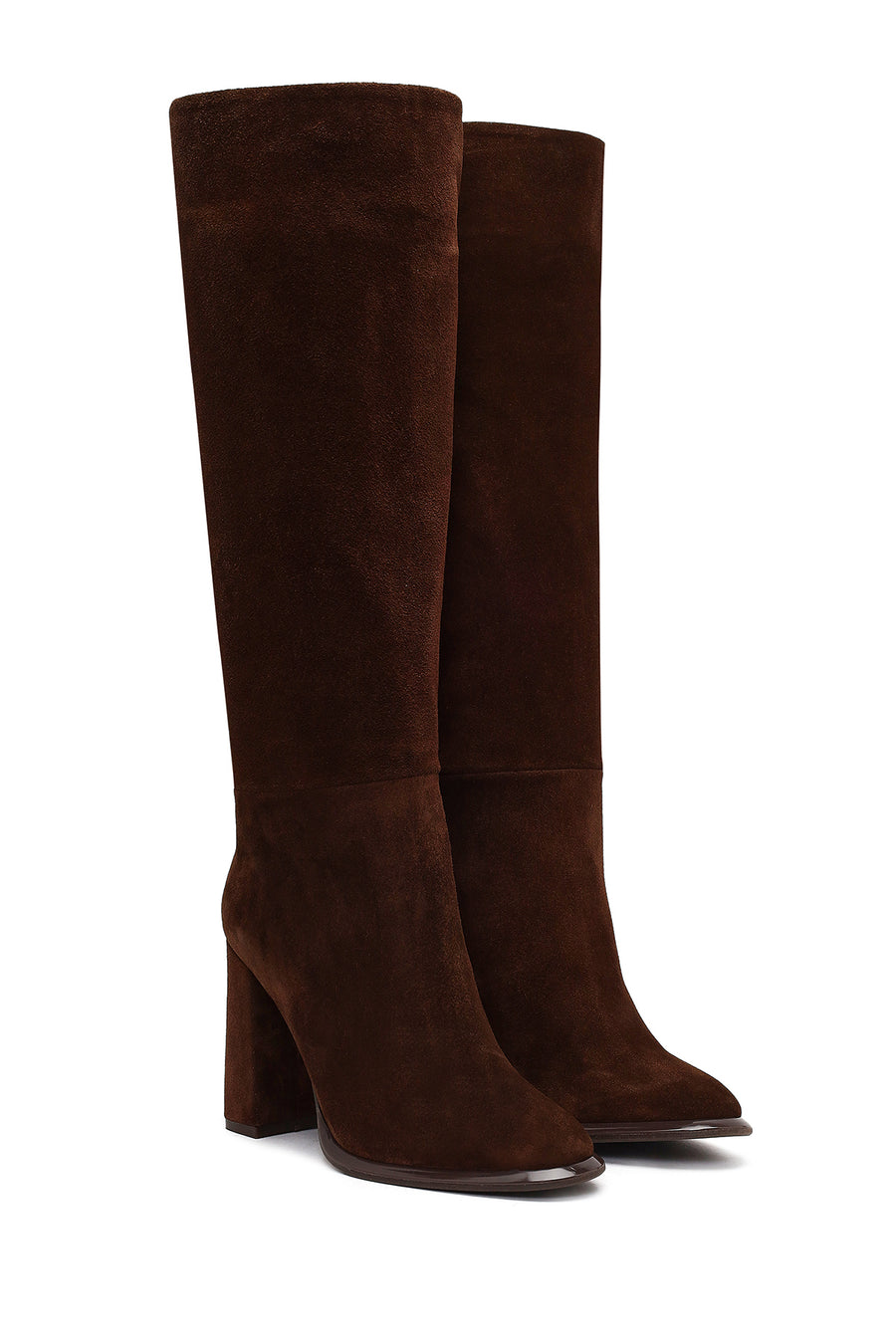 Woman Brown High Thick-Heeled Suede Boots