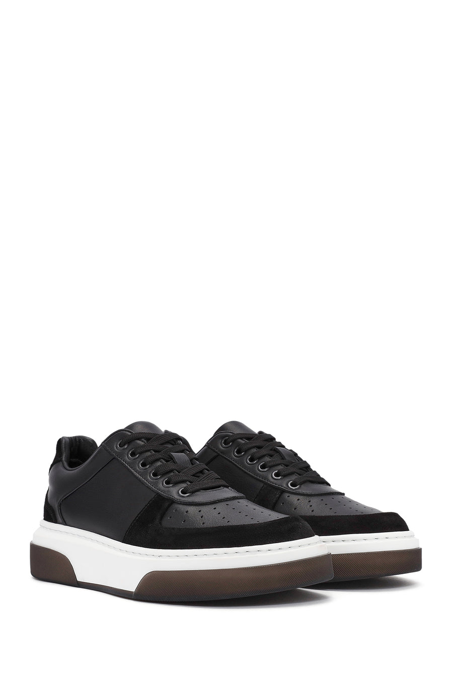 Men's Black Lace-up Thick-Sole Leather Sneaker