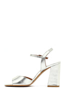 Women's Silver Ankle Buckle Chunky Heel Metallic Leather Sandals | Derimod