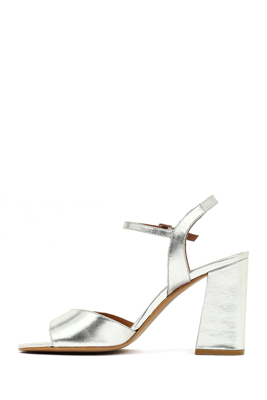 Women's Silver Ankle Buckle Chunky Heel Metallic Leather Sandals