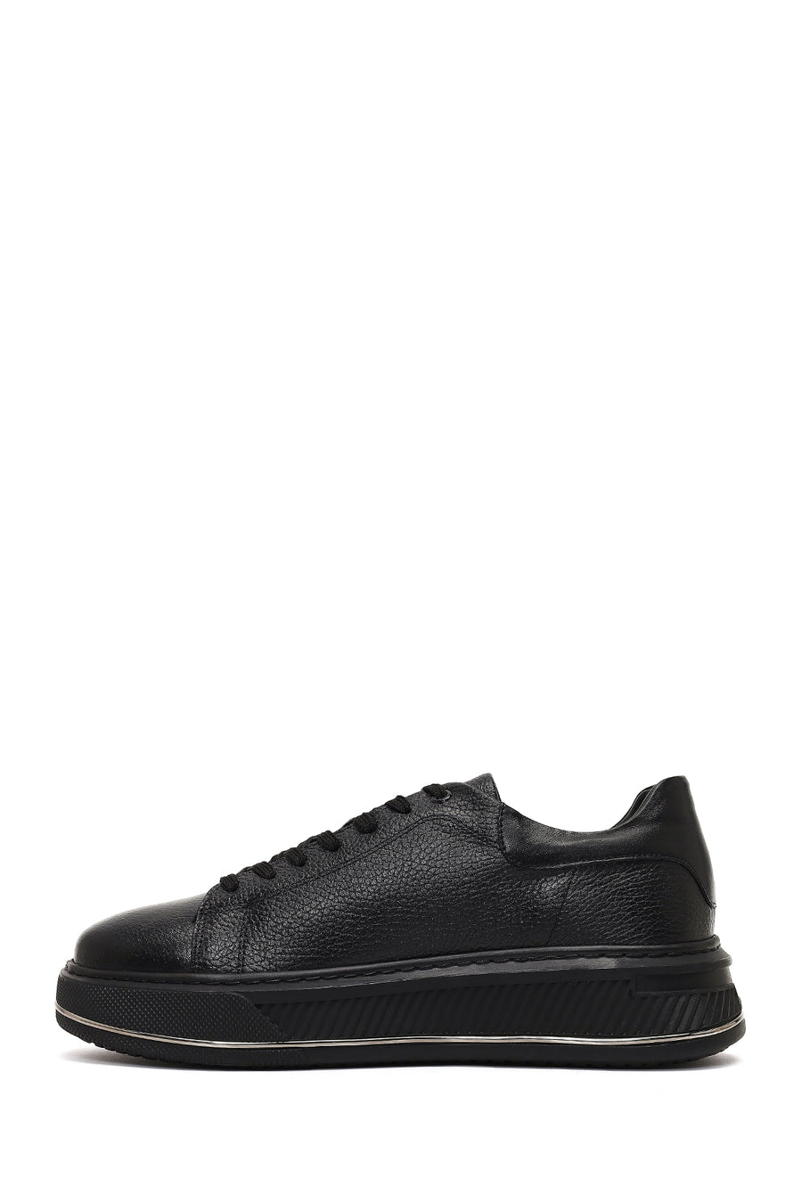 Erkek Siyah Bağcıklı Kalın Tabanlı Deri Sneaker