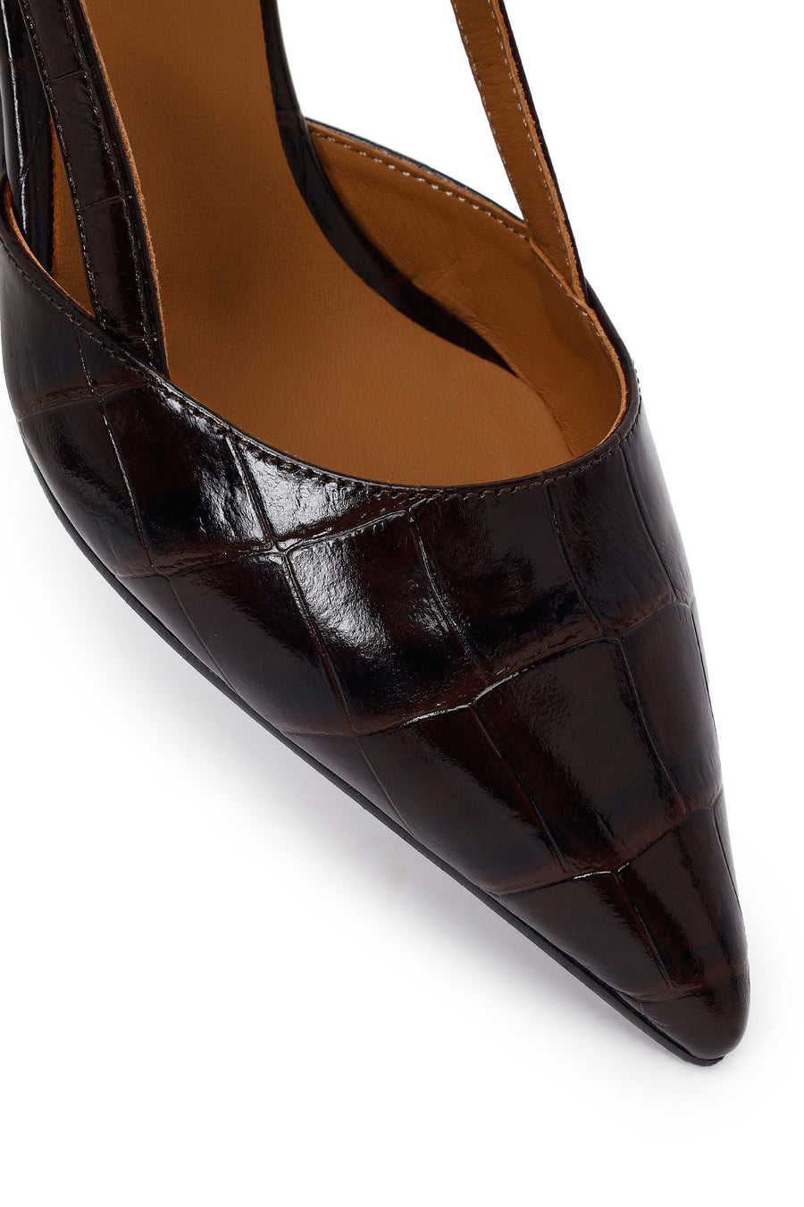 Woman Brown Open-Back Thin-Heeled Croc-Embossed Leather Shoes