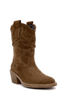 Woman Mink Suede Low Chunky Heel Leather Cowboy Boots | Derimod