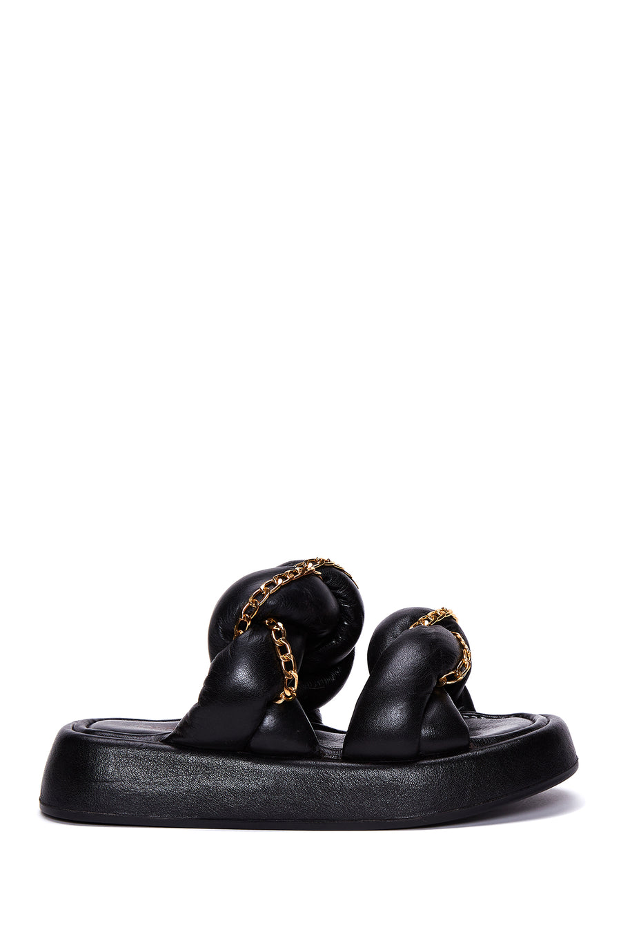 Women's Black Leather Chain Detailed Thick Soled Slippers 22SFD130714 | Derimod