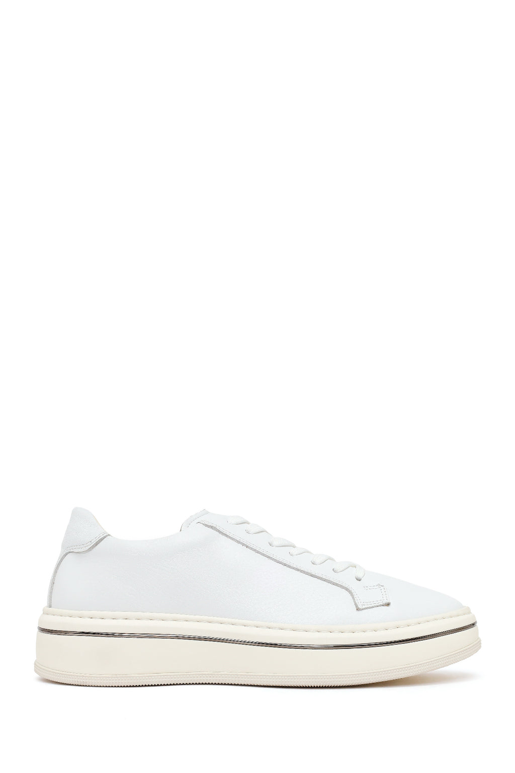 Erkek Beyaz Bağcıklı Kalın Tabanlı Deri Sneaker