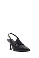 Women's Black Ankle Buckle Printed Thin Heel Open Back Leather Shoes | Derimod