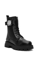 Women's Black Lace-Up Zipper Detailed Leather Combat Boots | Derimod