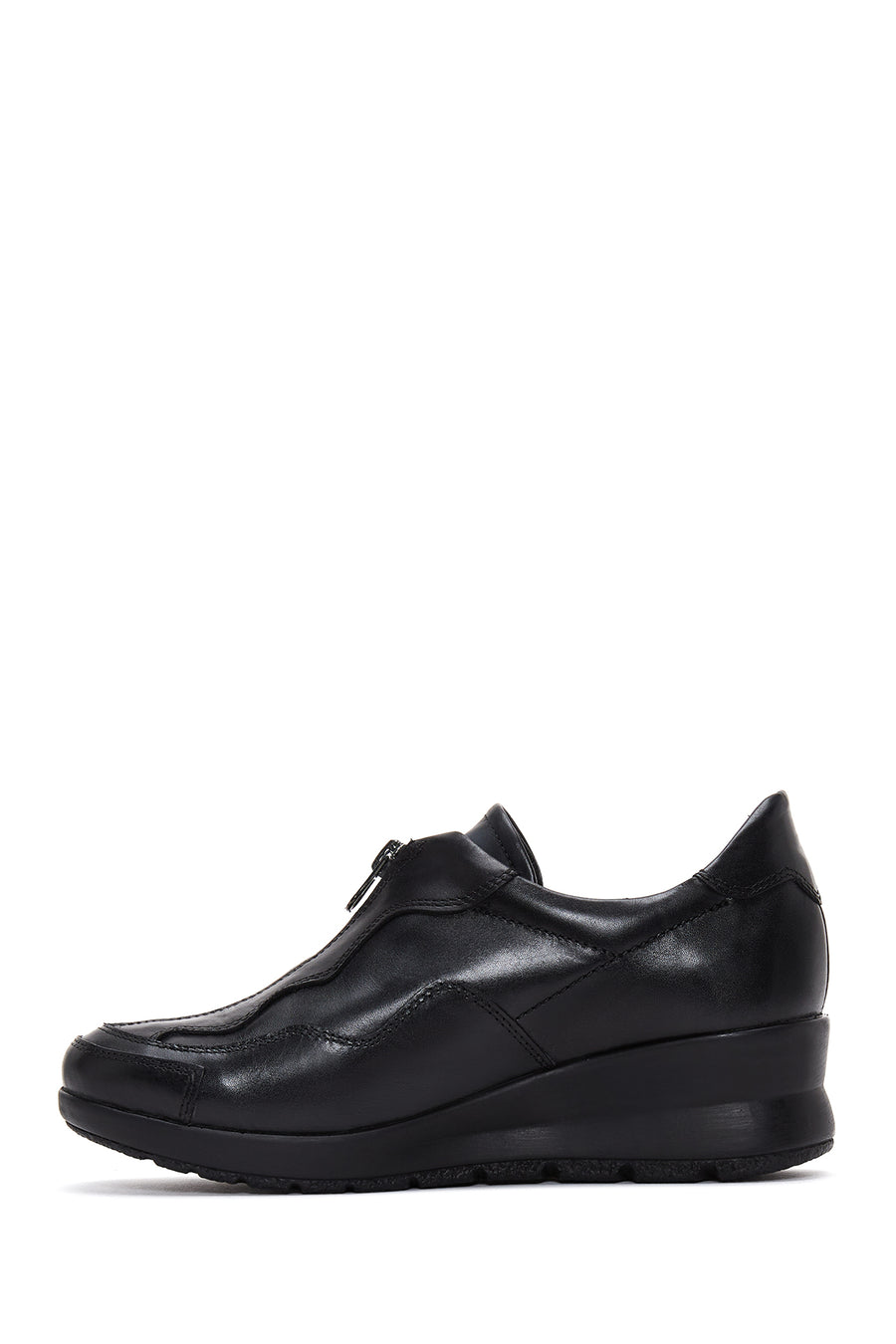 Women's Black Leather Wedge Heeled Comfort Shoes