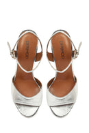 Women's Silver Ankle Buckle Chunky Heel Metallic Leather Sandals | Derimod
