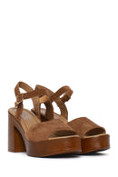 Woman Tan Buckled Platform Block-Heel Suede Leather Sandals | Derimod
