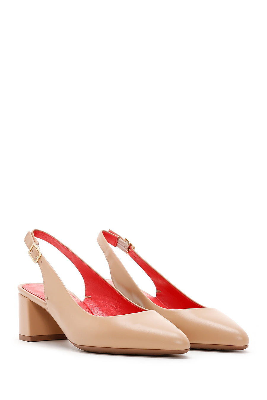 Derimod Gritti Women's Beige Open Back Short Thick Heeled Leather Shoes