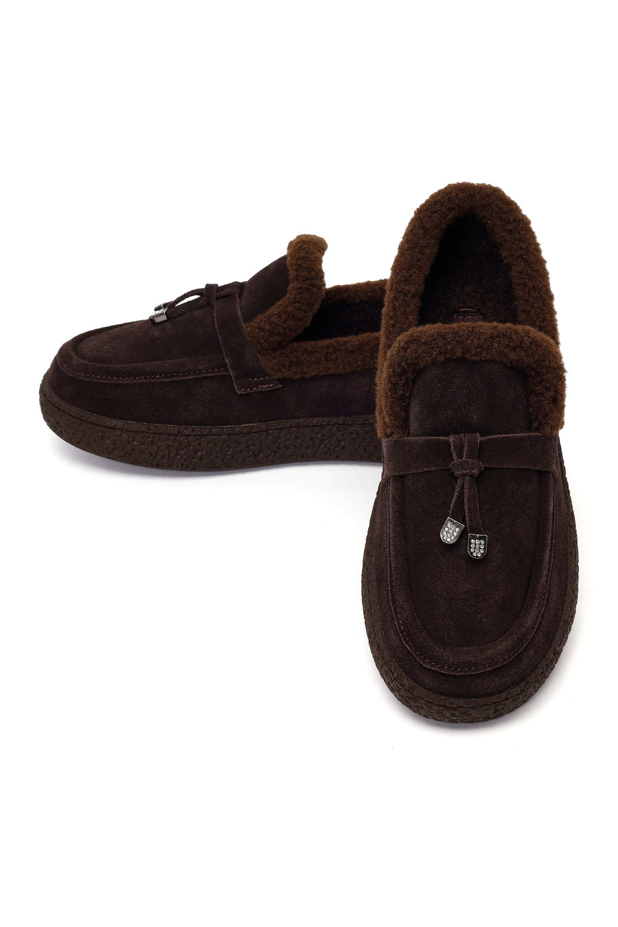 Kadın Kahverengi Tokalı Kalın Tabanlı Süet Deri Teddy Loafer