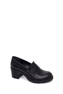 Woman Black Thick-Heeled Leather Loafer | Derimod