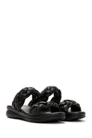 Women's Black Leather Knitted Comfort Slippers | Derimod
