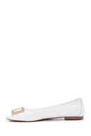 Women's White Leather Ballerinas with Stone Buckle | Derimod