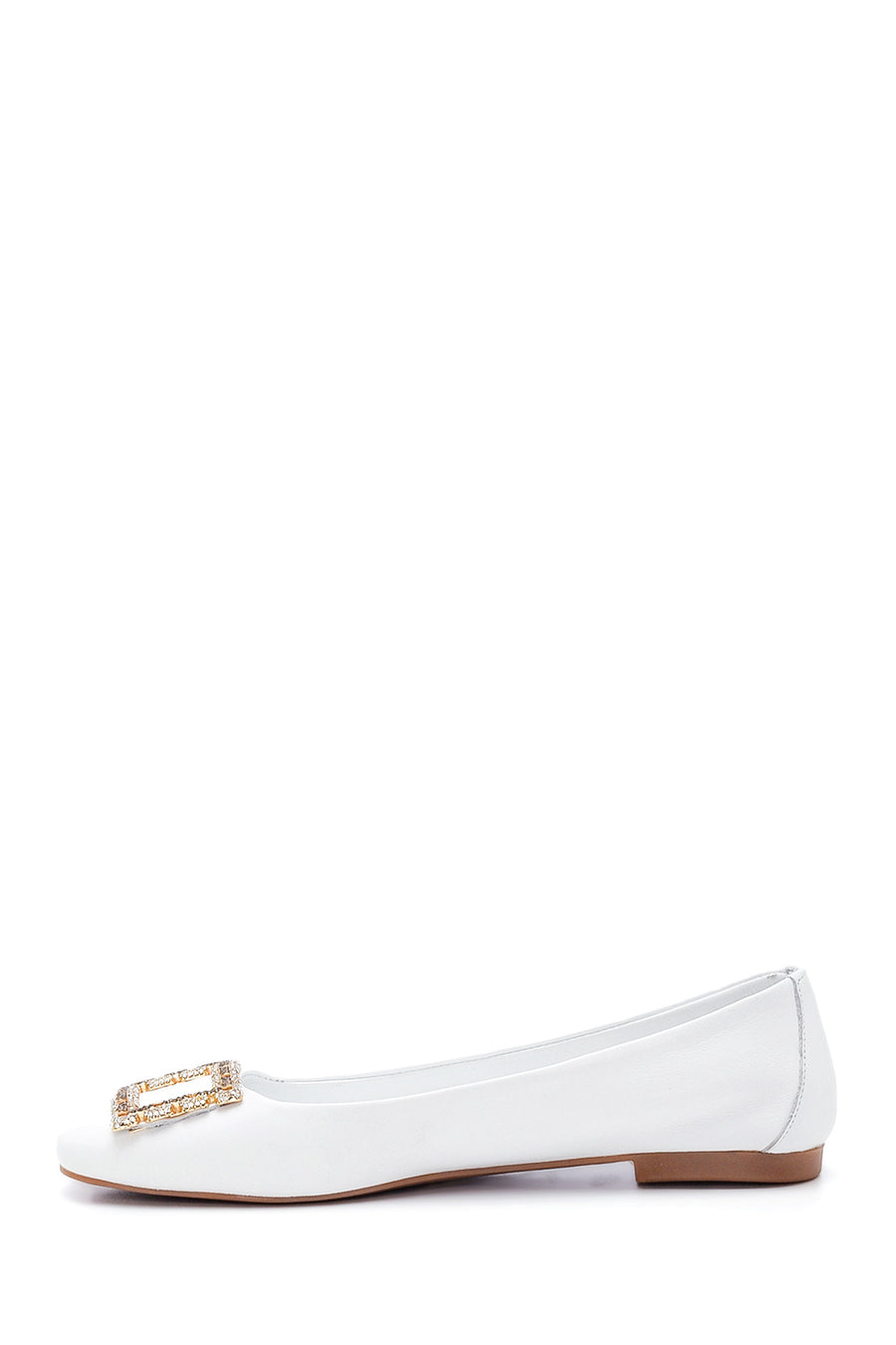 Women's White Leather Ballerinas with Stone Buckle