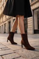 Woman Brown Thin Heeled Printed Suede Boots | Derimod