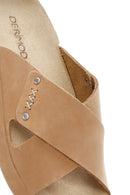 Women's Beige Strapped Nubuck Leather Comfort Slippers | Derimod