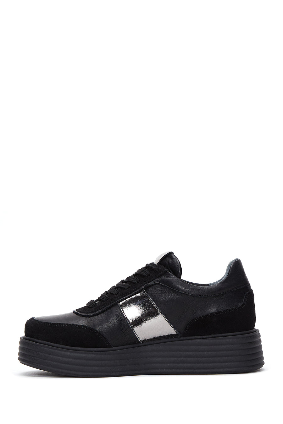 Women's Black Leather Thick Soled Sneaker