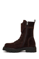 Woman Brown Lace-Up Zip Closure Suede Combat Boots | Derimod