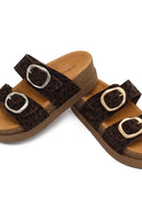 Women's Brown Double Buckle Leopard Print Chunky Sole Suede Leather Slippers | Derimod