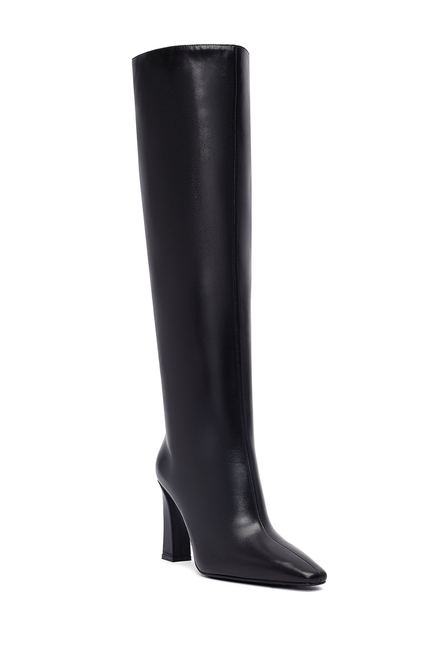 Women's Black Zippered High Thick Heel Leather Boot