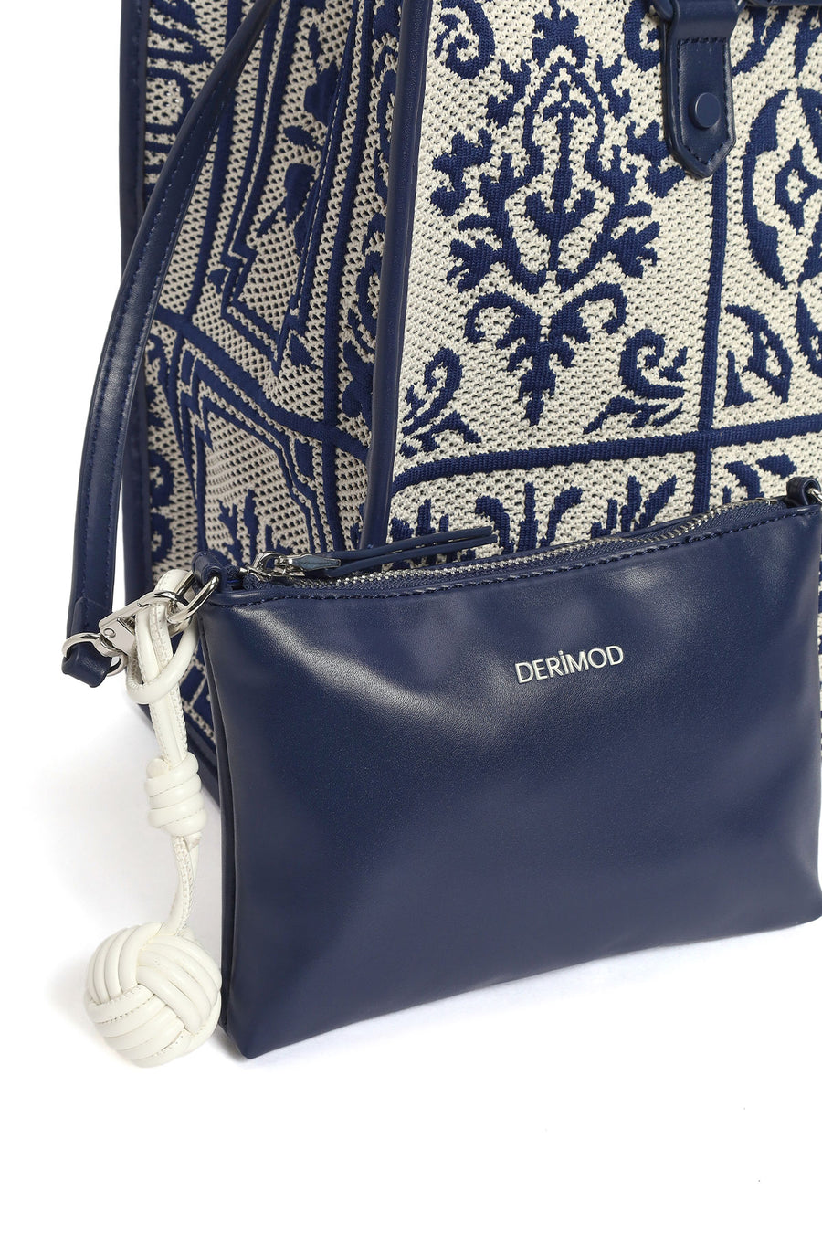 Woman Navy Patterned Fabric Long-Strap Shoulder Bag