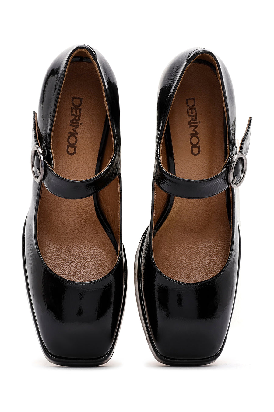 Women's Black Buckled High Thick Heel Leather Mary Jane Shoes