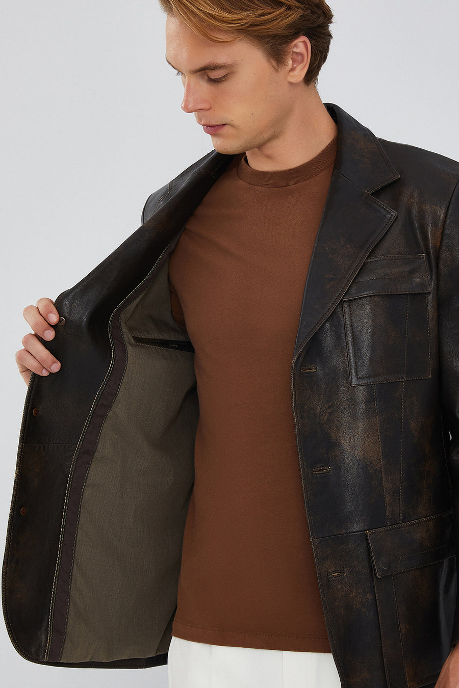 Kane Erkek Kahverengi Vintage Blazer Safari Deri Ceket