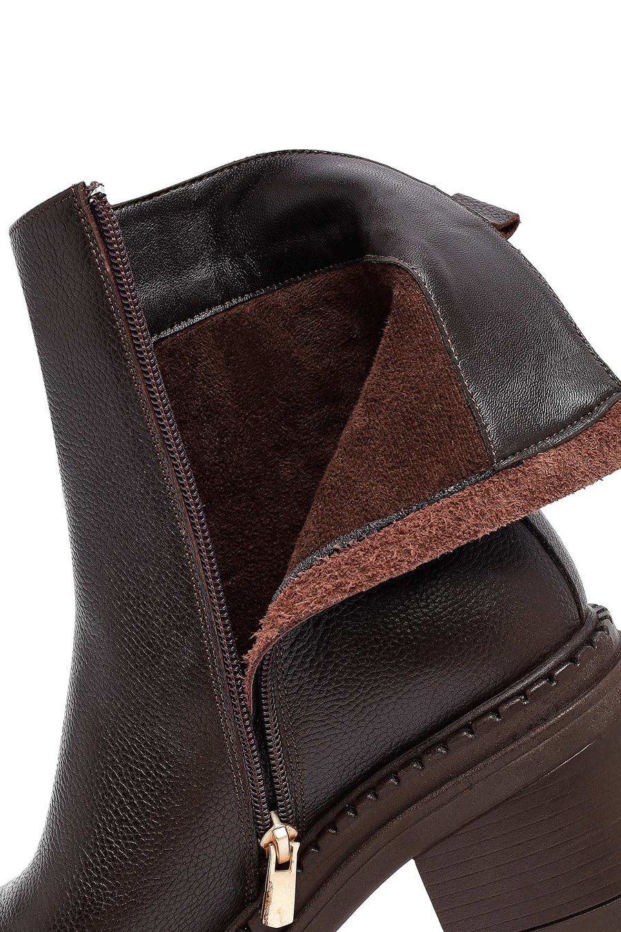 Woman Brown Zip Closure Platform Thick-Heeled Leather Boots