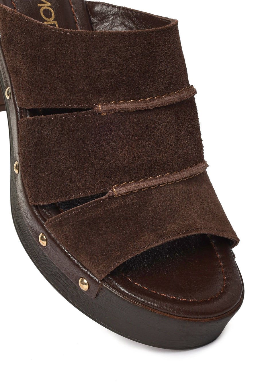 Woman Brown Chunky-Heeled Suede Leather Slippers