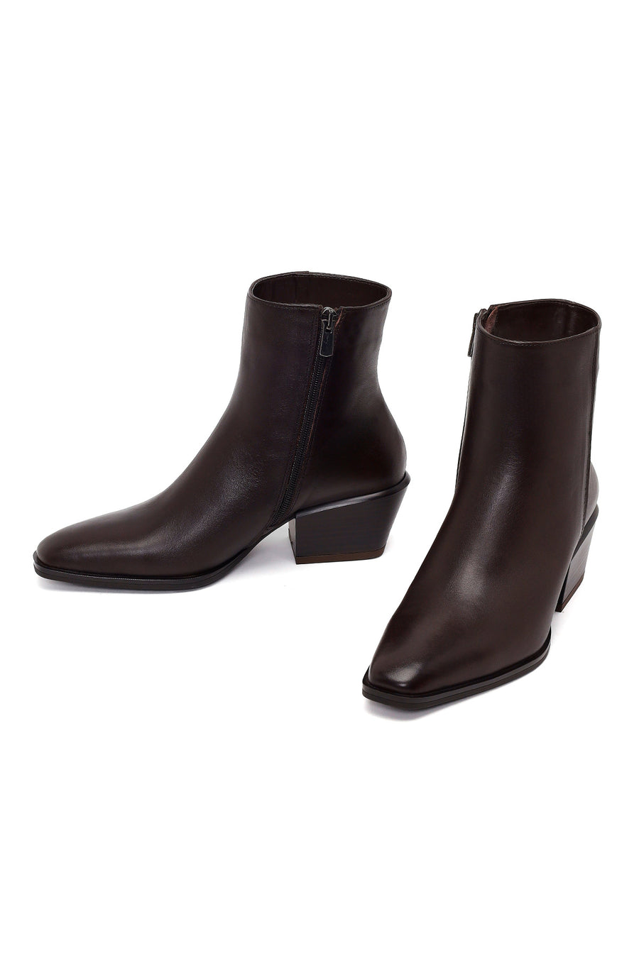 Woman Brown Zip Closure Short Thick-Heeled Leather Cowboy Boots