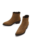 Woman Tan Short Thick-Heeled Embroidered Suede Cowboy Boots | Derimod