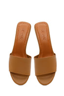 Women's Beige Short Platform Heel Leather Slippers | Derimod