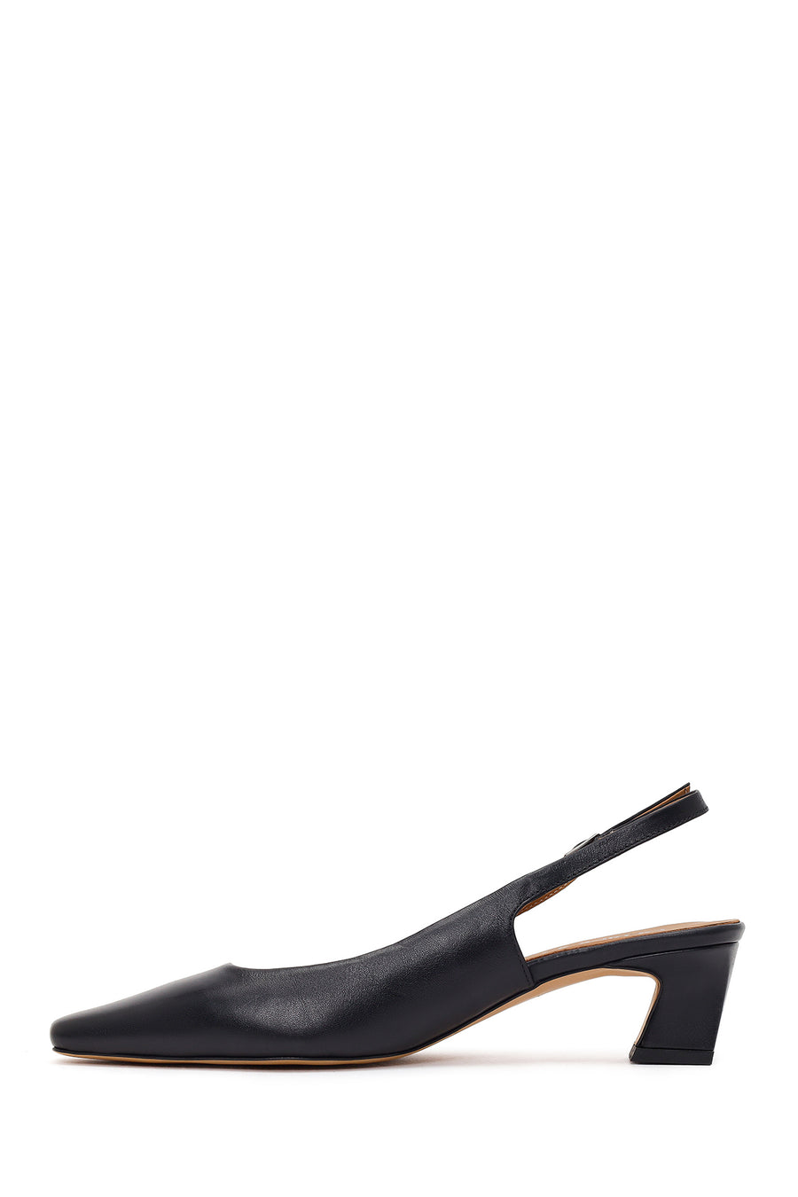 Women's Black Open Back Short Chunky Heel Leather Shoes