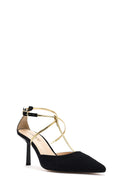 Women's Black Ankle Strap Thin Heel Suede Leather Shoes | Derimod