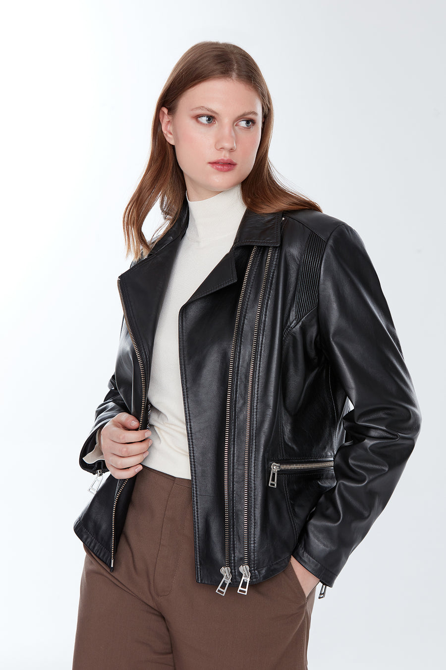 Stefania (Plus) Women's Black Biker Leather Coat