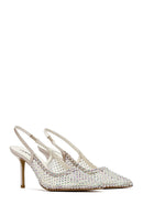 Women's Beige Stoned Open Back Thin Heeled Leather Shoes | Derimod