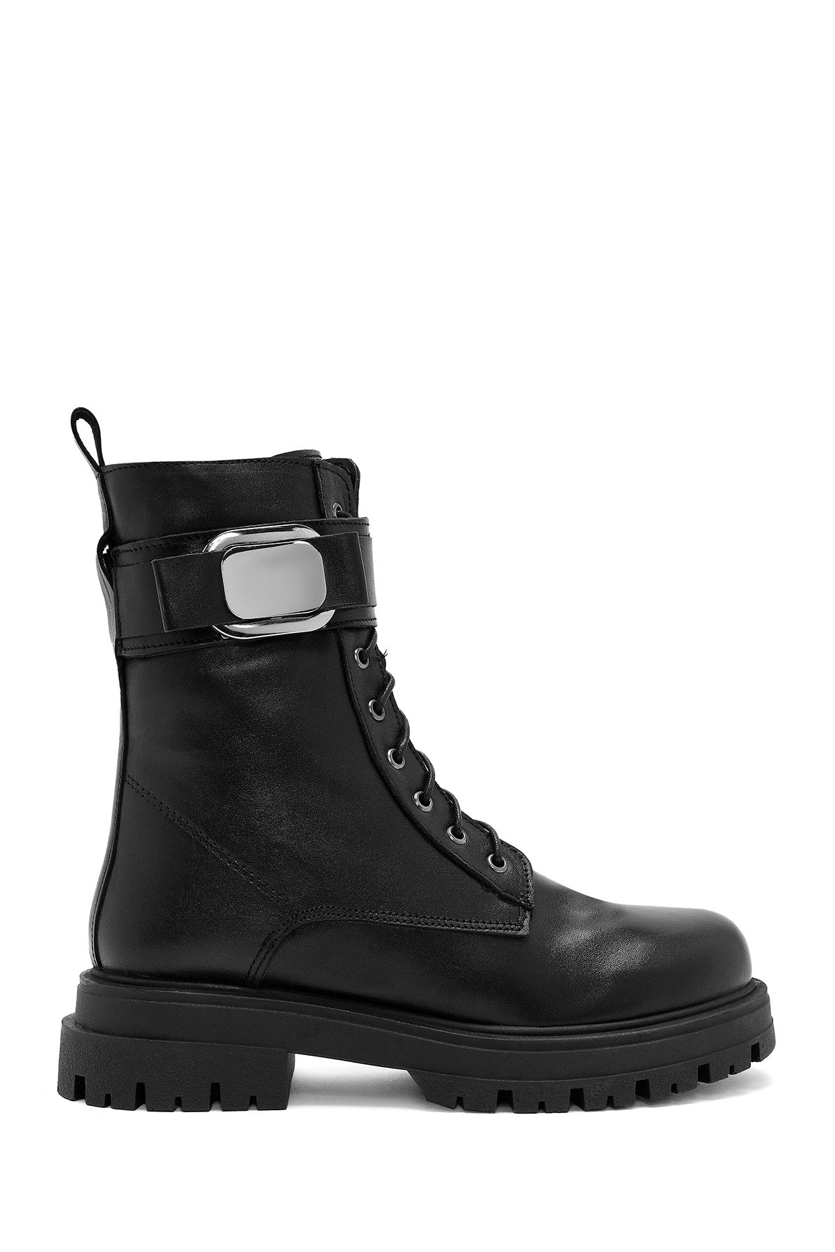 Women's Black Lace-Up Zipper Detailed Leather Combat Boots 24WFD185618 | Derimod