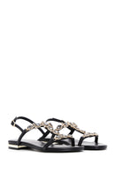 Women's Black Stone Flat Sandals | Derimod