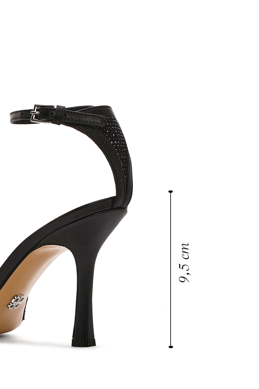 Women's Black Ankle Strap Stoned Leather Thin High Heel Shoes